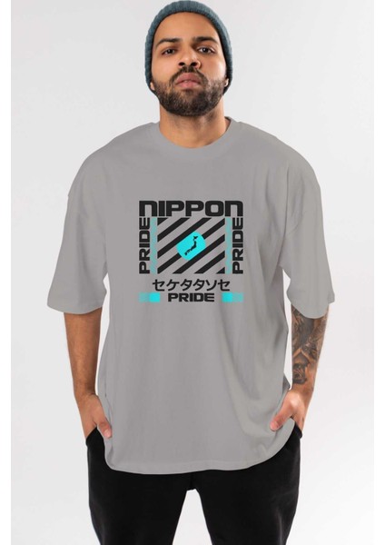 Nippon Pride Ön Baskılı Gri Oversize T-Shirt Unisex Erkek Kadın Bisiklet Yaka