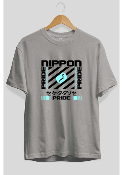 Nippon Pride Ön Baskılı Gri Oversize T-Shirt Unisex Erkek Kadın Bisiklet Yaka fiyatları