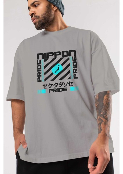 Nippon Pride Ön Baskılı Gri Oversize T-Shirt Unisex Erkek Kadın Bisiklet Yaka modelleri