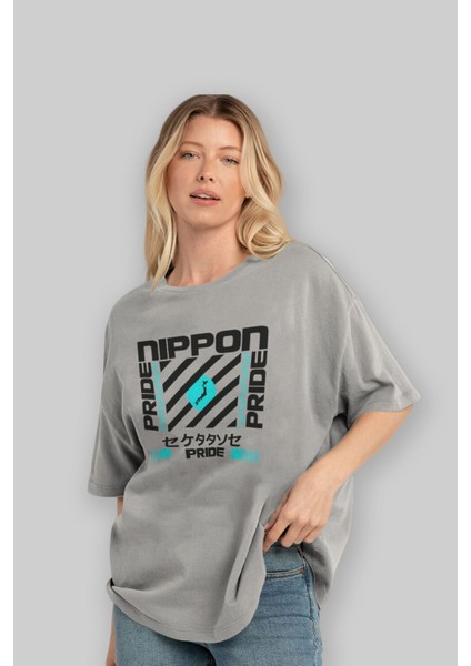 Nippon Pride Ön Baskılı Gri Oversize T-Shirt Unisex Erkek Kadın Bisiklet Yaka fırsatları