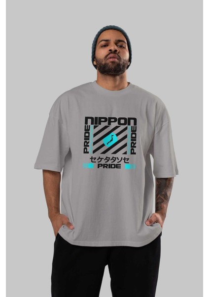 Nippon Pride Ön Baskılı Gri Oversize T-Shirt Unisex Erkek Kadın Bisiklet Yaka indirimleri