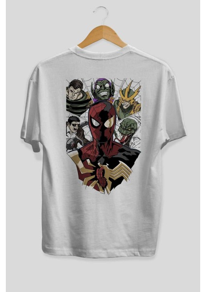 Spiderman (31) Arka Baskılı Beyaz Oversize T-Shirt Bisiklet Yaka Pamuk Erkek Kadın fiyatları