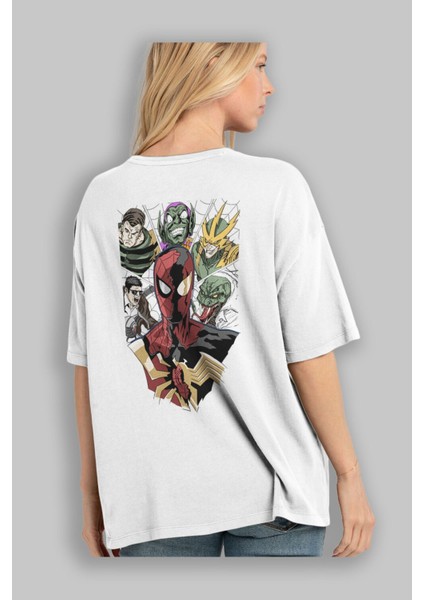 Spiderman (31) Arka Baskılı Beyaz Oversize T-Shirt Bisiklet Yaka Pamuk Erkek Kadın modelleri