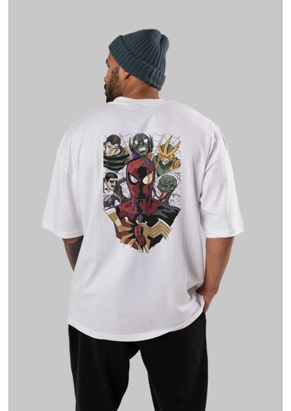 Spiderman (31) Arka Baskılı Beyaz Oversize T-Shirt Bisiklet Yaka Pamuk Erkek Kadın fırsatları