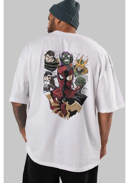 Spiderman (31) Arka Baskılı Beyaz Oversize T-Shirt Bisiklet Yaka Pamuk Erkek Kadın indirimleri