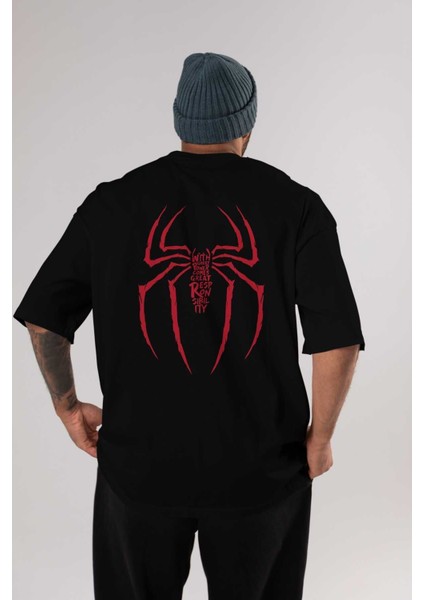 Spiderman (1) Arka Baskılı Siyah Oversize T-Shirt Bisiklet Yaka Pamuk Erkek Kadın