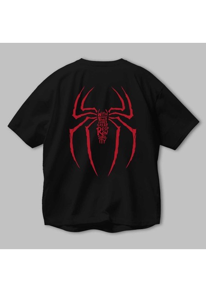 Spiderman (1) Arka Baskılı Siyah Oversize T-Shirt Bisiklet Yaka Pamuk Erkek Kadın