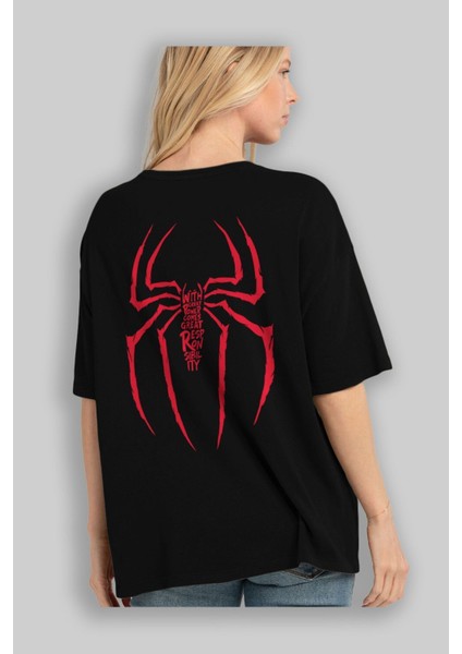 Spiderman (1) Arka Baskılı Siyah Oversize T-Shirt Bisiklet Yaka Pamuk Erkek Kadın