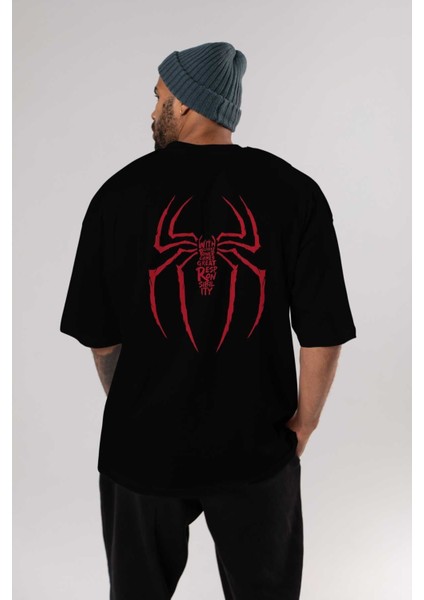 Spiderman (1) Arka Baskılı Siyah Oversize T-Shirt Bisiklet Yaka Pamuk Erkek Kadın