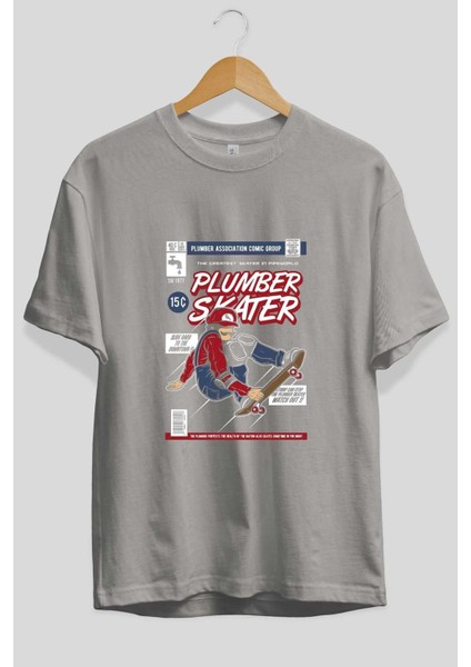Plumber Skater Ön Baskılı Gri Oversize T-Shirt Unisex Erkek Kadın Bisiklet Yaka fiyatları