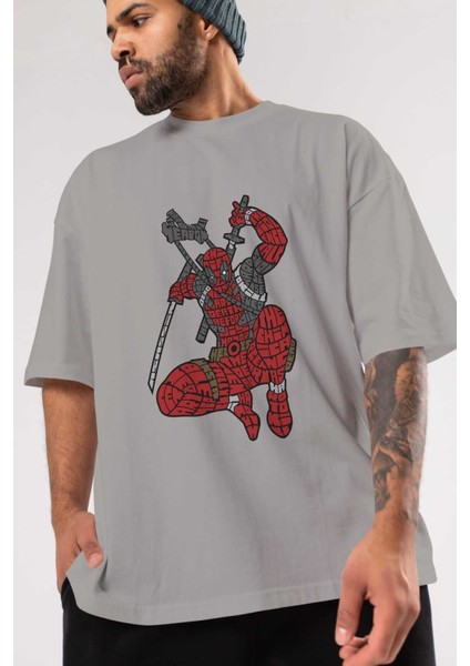 Chimichanga Ön Baskılı Gri Oversize T-Shirt Unisex Erkek Kadın Bisiklet Yaka modelleri