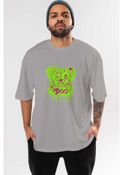 Boo Bear Ön Baskılı Gri Oversize T-Shirt Unisex Erkek Kadın Bisiklet Yaka