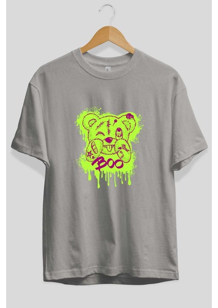 Boo Bear Ön Baskılı Gri Oversize T-Shirt Unisex Erkek Kadın Bisiklet Yaka fiyatları