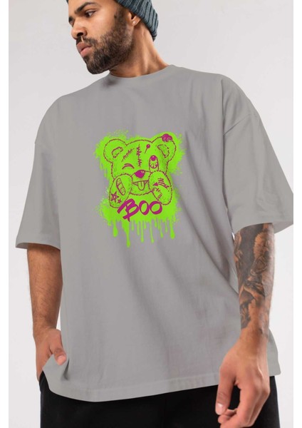 Boo Bear Ön Baskılı Gri Oversize T-Shirt Unisex Erkek Kadın Bisiklet Yaka modelleri