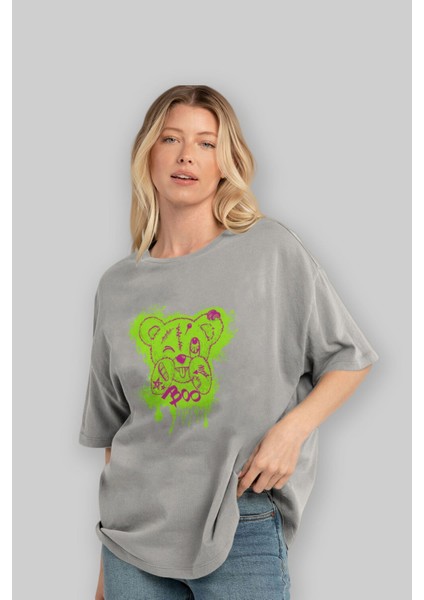 Boo Bear Ön Baskılı Gri Oversize T-Shirt Unisex Erkek Kadın Bisiklet Yaka fırsatları