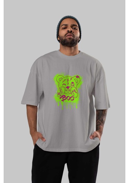 Boo Bear Ön Baskılı Gri Oversize T-Shirt Unisex Erkek Kadın Bisiklet Yaka indirimleri