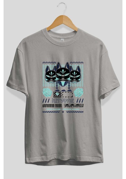 Kitsune Japanese Mask Ön Baskılı Gri Oversize T-Shirt Unisex Erkek Kadın Bisiklet Yaka fiyatları