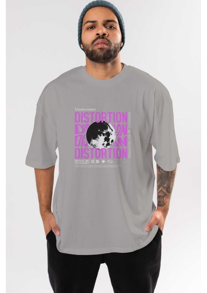 Distortion Ön Baskılı Gri Oversize T-Shirt Unisex Erkek Kadın Bisiklet Yaka