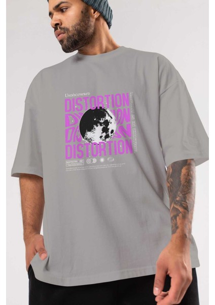 Distortion Ön Baskılı Gri Oversize T-Shirt Unisex Erkek Kadın Bisiklet Yaka modelleri