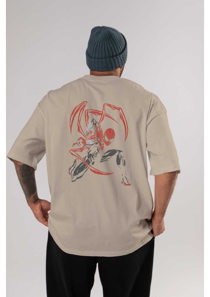 Spiderman (16) Arka Baskılı Bej Oversize T-Shirt Bisiklet Yaka Pamuk Erkek Kadın