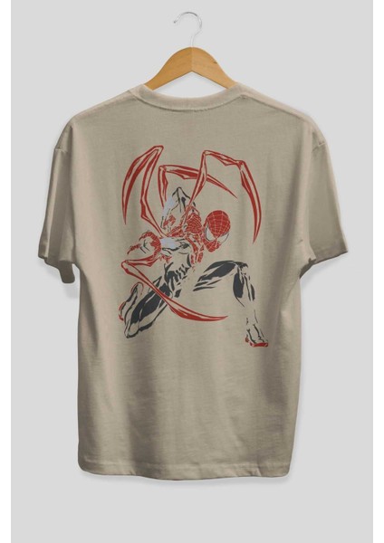 Spiderman (16) Arka Baskılı Bej Oversize T-Shirt Bisiklet Yaka Pamuk Erkek Kadın fiyatları