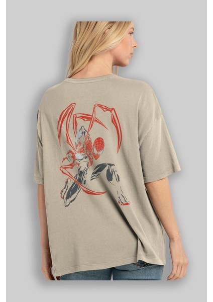 Spiderman (16) Arka Baskılı Bej Oversize T-Shirt Bisiklet Yaka Pamuk Erkek Kadın modelleri
