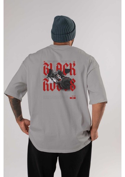 Black Roses Arka Baskılı Gri Oversize T-Shirt Unisex Erkek Kadın Bisiklet Yaka