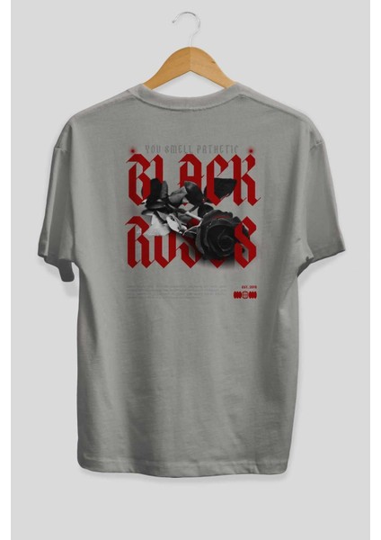 Black Roses Arka Baskılı Gri Oversize T-Shirt Unisex Erkek Kadın Bisiklet Yaka fiyatları