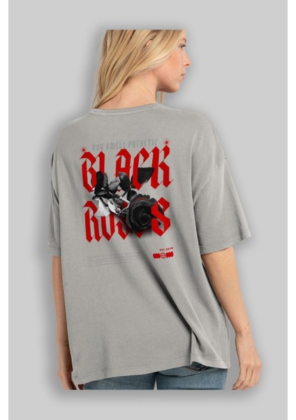 Black Roses Arka Baskılı Gri Oversize T-Shirt Unisex Erkek Kadın Bisiklet Yaka modelleri