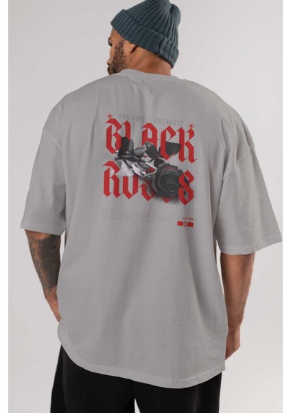 Black Roses Arka Baskılı Gri Oversize T-Shirt Unisex Erkek Kadın Bisiklet Yaka indirimleri