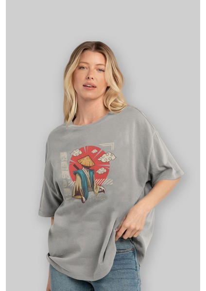 Ronin Ön Baskılı Gri Oversize T-Shirt Unisex Erkek Kadın Bisiklet Yaka modelleri