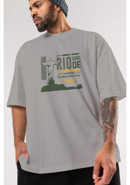 Rio De Janerio Ön Baskılı Gri Oversize T-Shirt Unisex Erkek Kadın Bisiklet Yaka modelleri
