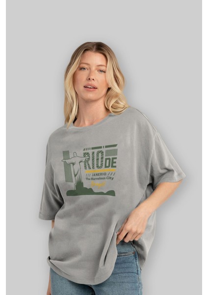 Rio De Janerio Ön Baskılı Gri Oversize T-Shirt Unisex Erkek Kadın Bisiklet Yaka fırsatları
