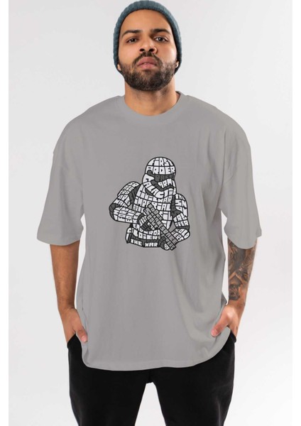 First Order Ön Baskılı Gri Oversize T-Shirt Unisex Erkek Kadın Bisiklet Yaka
