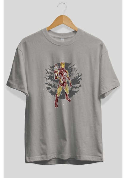 Iron Man 2 Ön Baskılı Gri Oversize T-Shirt Unisex Erkek Kadın Bisiklet Yaka