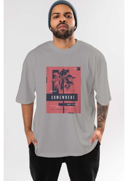 Hideout Somewhere Ön Baskılı Gri Oversize T-Shirt Unisex Erkek Kadın Bisiklet Yaka
