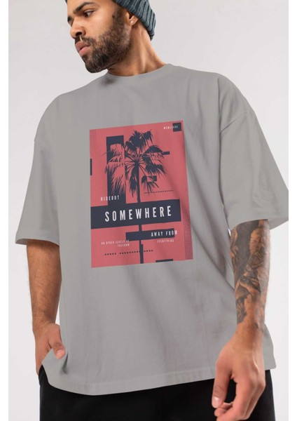 Hideout Somewhere Ön Baskılı Gri Oversize T-Shirt Unisex Erkek Kadın Bisiklet Yaka modelleri
