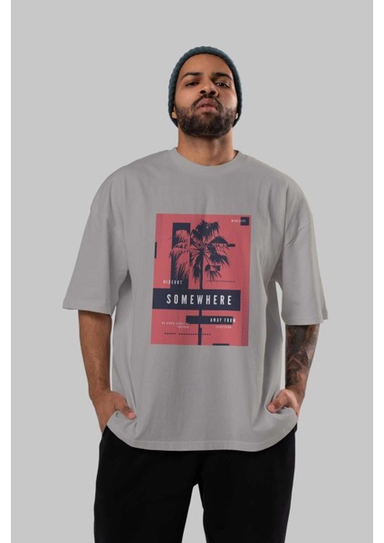 Hideout Somewhere Ön Baskılı Gri Oversize T-Shirt Unisex Erkek Kadın Bisiklet Yaka indirimleri