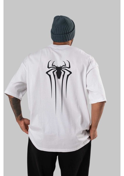 Spiderman Arka Baskılı Beyaz Oversize T-Shirt Erkek Kadın Bisiklet Yaka