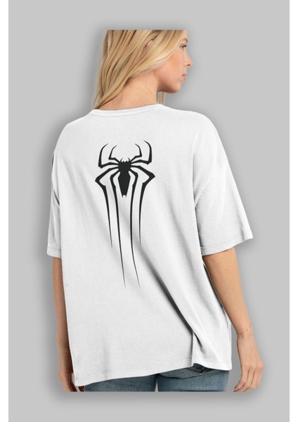 Spiderman Arka Baskılı Beyaz Oversize T-Shirt Erkek Kadın Bisiklet Yaka modelleri