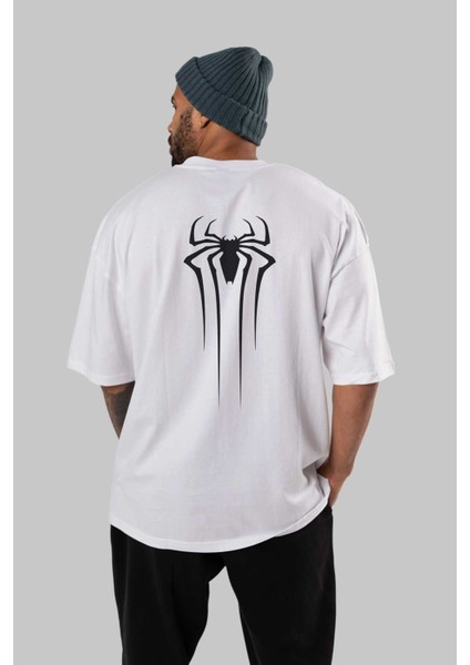 Spiderman Arka Baskılı Beyaz Oversize T-Shirt Erkek Kadın Bisiklet Yaka fırsatları