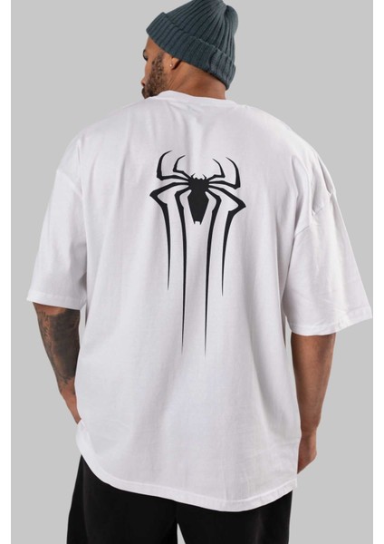 Spiderman Arka Baskılı Beyaz Oversize T-Shirt Erkek Kadın Bisiklet Yaka indirimleri