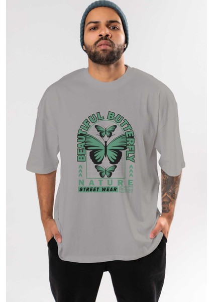 Beautiful Butterfly Ön Baskılı Gri Oversize T-Shirt Unisex Erkek Kadın Bisiklet Yaka