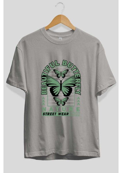 Beautiful Butterfly Ön Baskılı Gri Oversize T-Shirt Unisex Erkek Kadın Bisiklet Yaka fiyatları