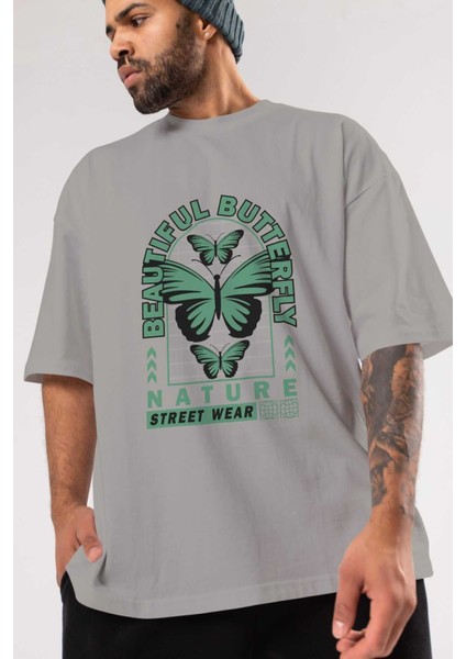 Beautiful Butterfly Ön Baskılı Gri Oversize T-Shirt Unisex Erkek Kadın Bisiklet Yaka modelleri
