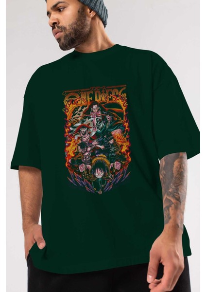 One Pıece (3) Anime Ön Baskılı Zümrüt Yeşili Oversize T-Shirt Erkek Kadın modelleri