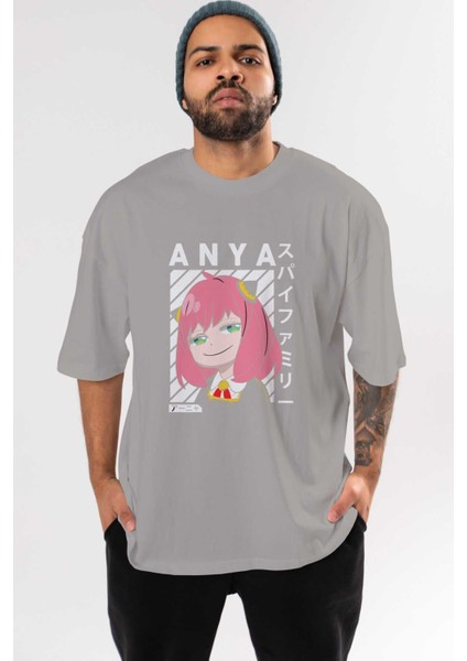 Anya Spyx Famıly Anime Ön Baskılı Gri Oversize T-Shirt %100 Pamuk Erkek Kadın