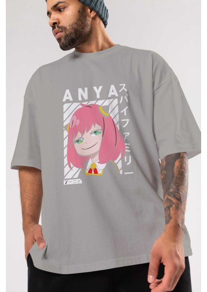 Anya Spyx Famıly Anime Ön Baskılı Gri Oversize T-Shirt %100 Pamuk Erkek Kadın modelleri