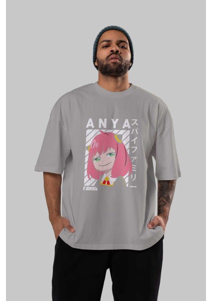 Anya Spyx Famıly Anime Ön Baskılı Gri Oversize T-Shirt %100 Pamuk Erkek Kadın indirimleri