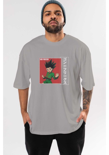 Gon Freecss Hunter x Hunter 5 Anime Ön Baskılı Gri Oversize T-Shirt %100 Pamuk Erkek Kadın